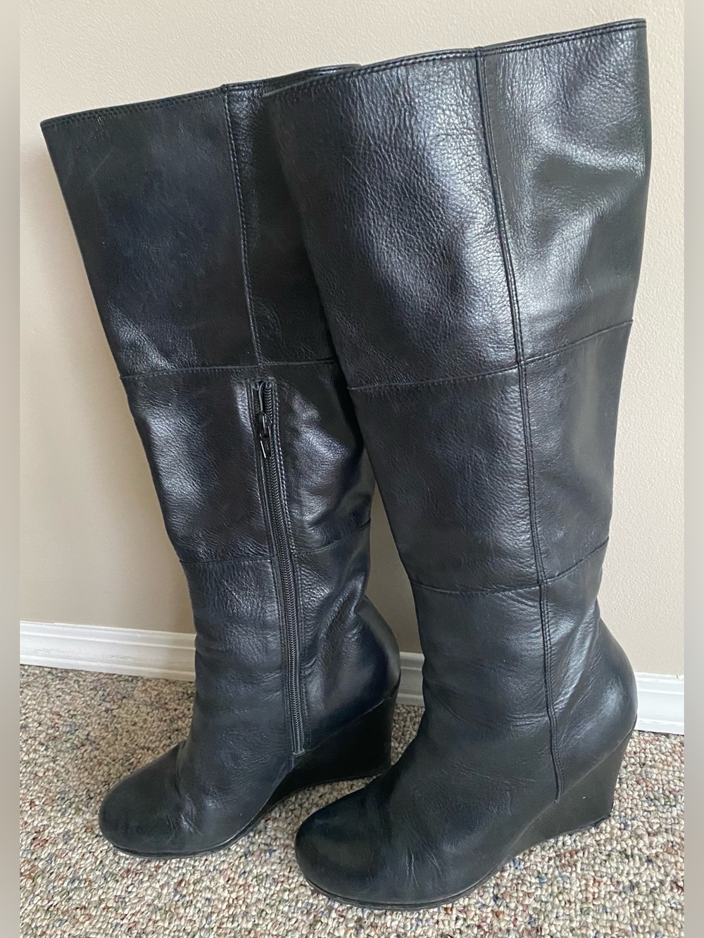Aldo Black Leather Over-the-Knee Wedge Boots